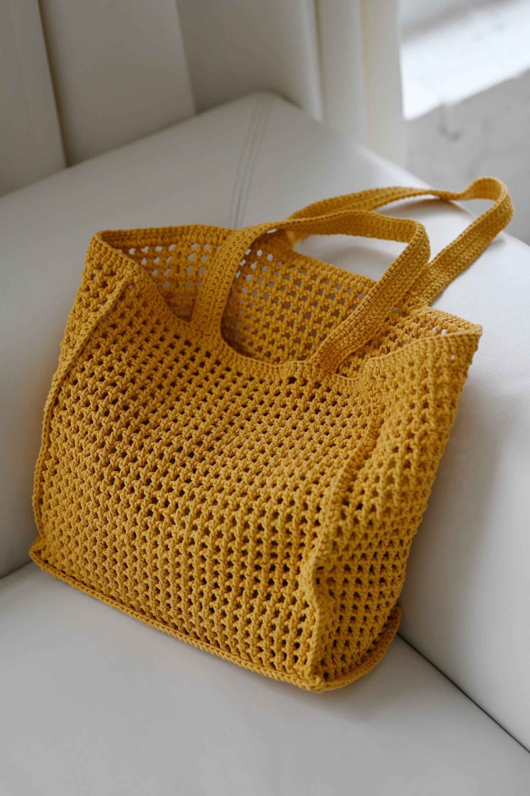 Handmade Cotton Knitted Tote Bag: Yellow Crochet Shoulder Bag