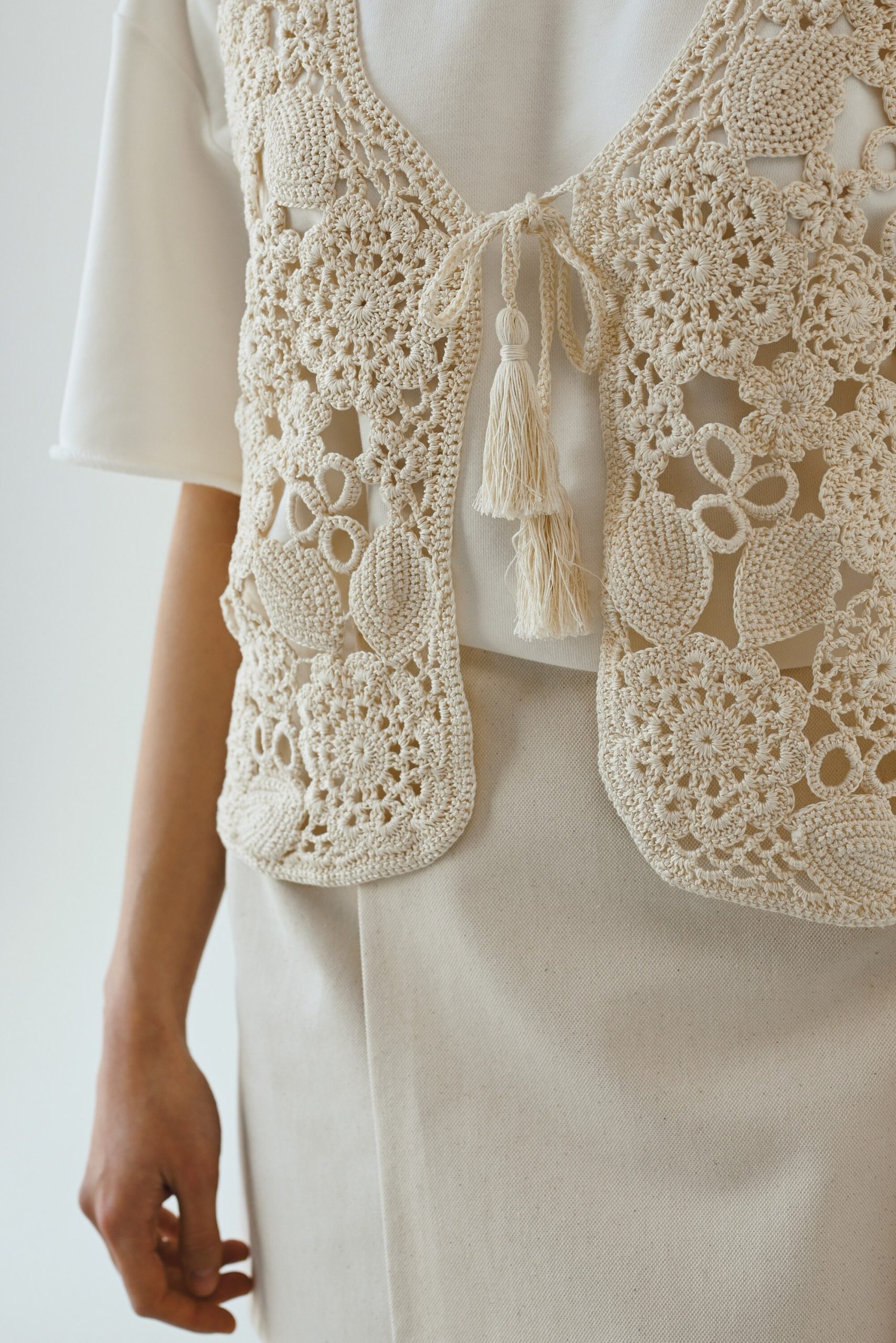 Handknit Cotton Lacy Slipover Vest: Tassel Tie Sleeveless Top