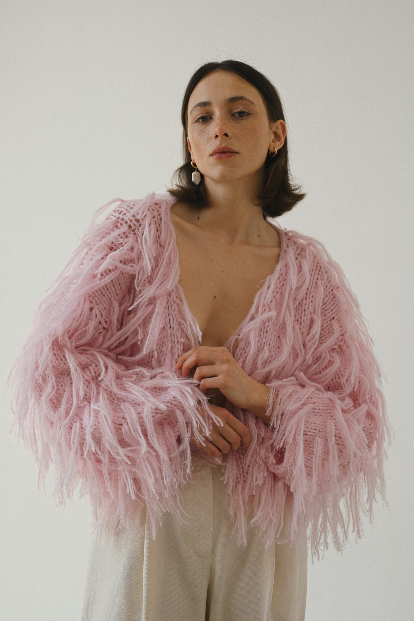 Beige Knitted Alpaca Cardigan: Women's Merino Wool Cropped Jacket