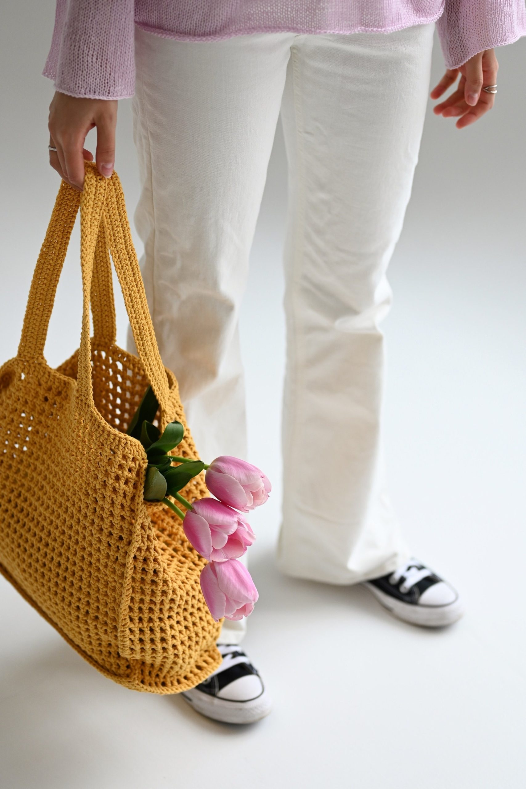 Handmade Cotton Knitted Tote Bag: Yellow Crochet Shoulder Bag