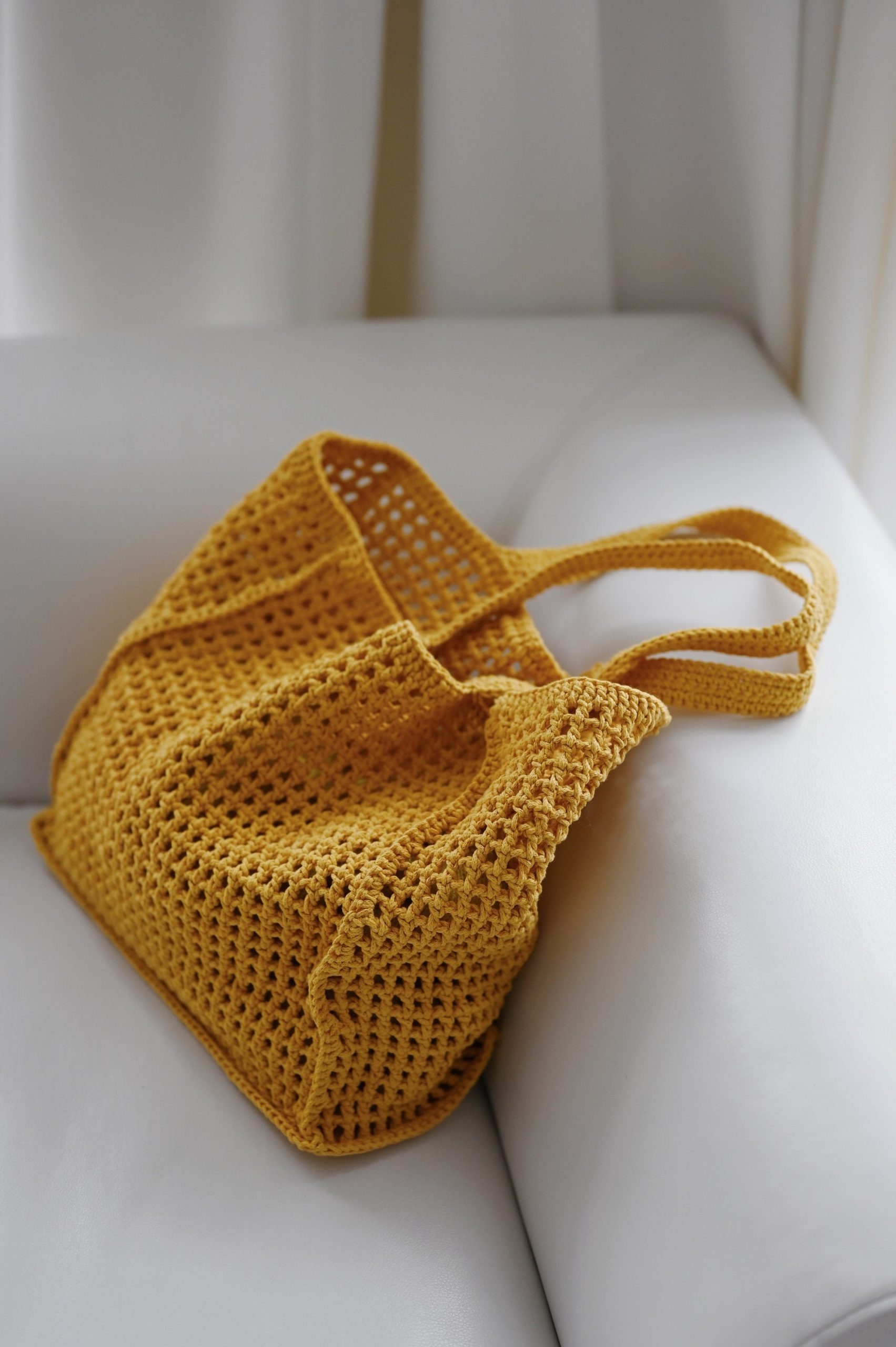 Handmade Cotton Knitted Tote Bag: Yellow Crochet Shoulder Bag