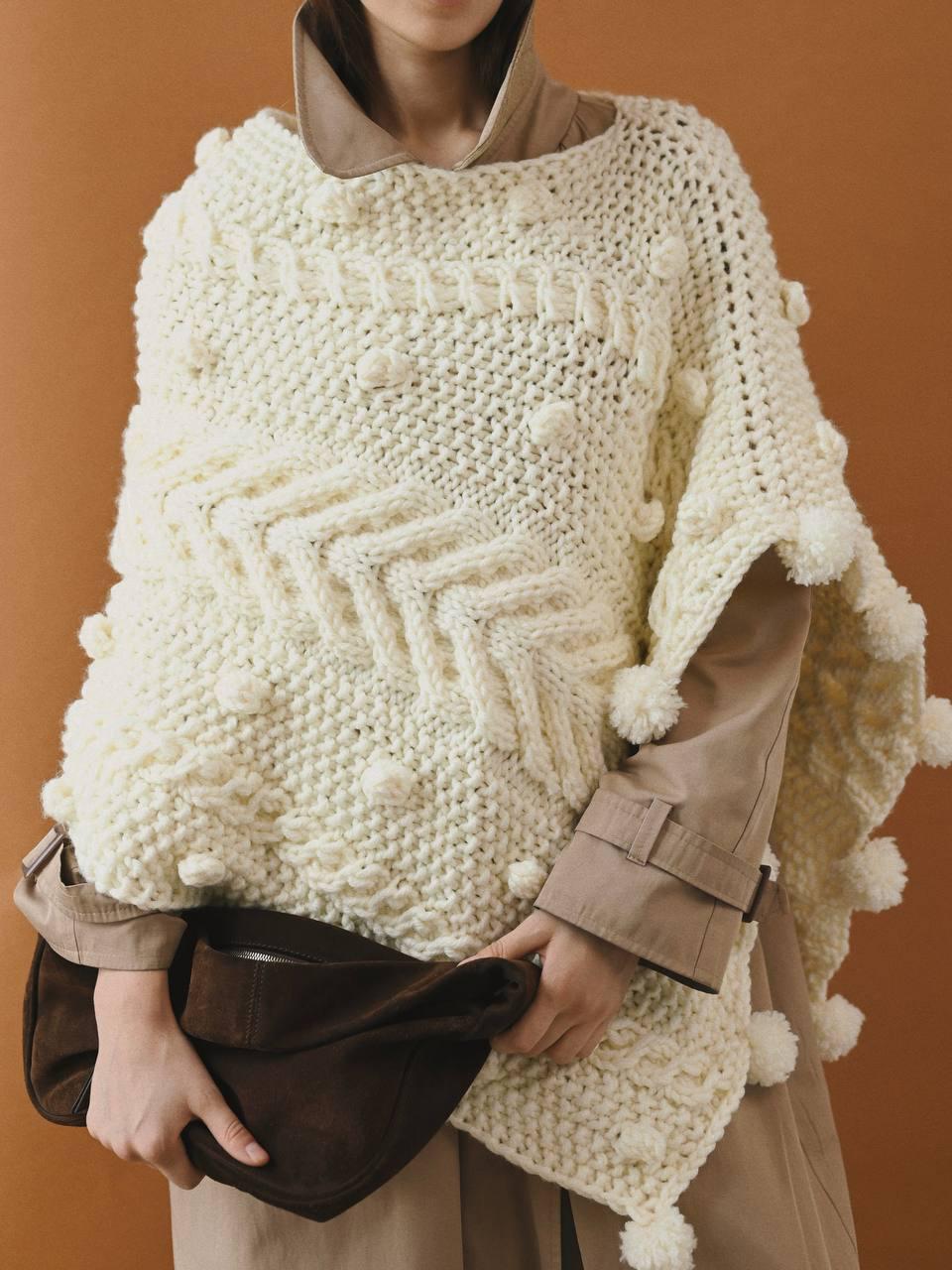 Handcrafted Cream Cable Knit Poncho With Tassels, White Woman Gift Cape Sweater