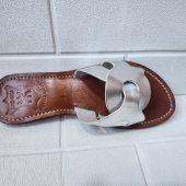 Handmade Moroccan Silver-tone Leather Sandals For Women – Hstyle Slip On Flats – Brown Sole Summer Slides – Boho Leather Slippers