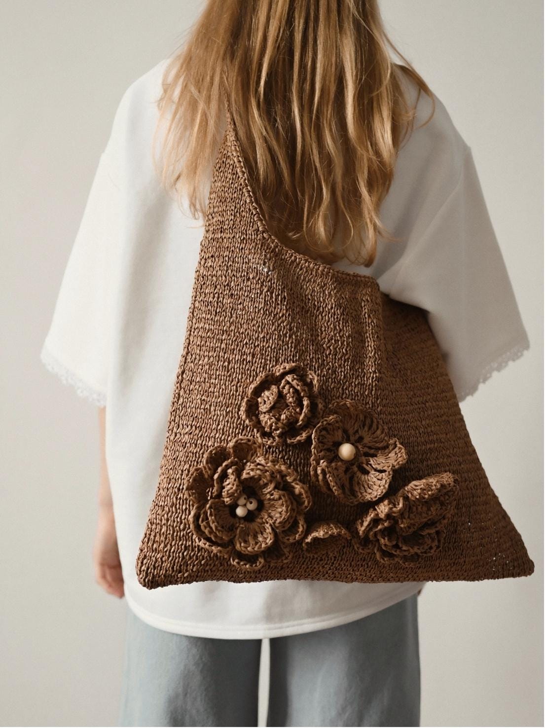 Handmade Raffia Tote Bag: Crochet Flower Eco-friendly Shopper