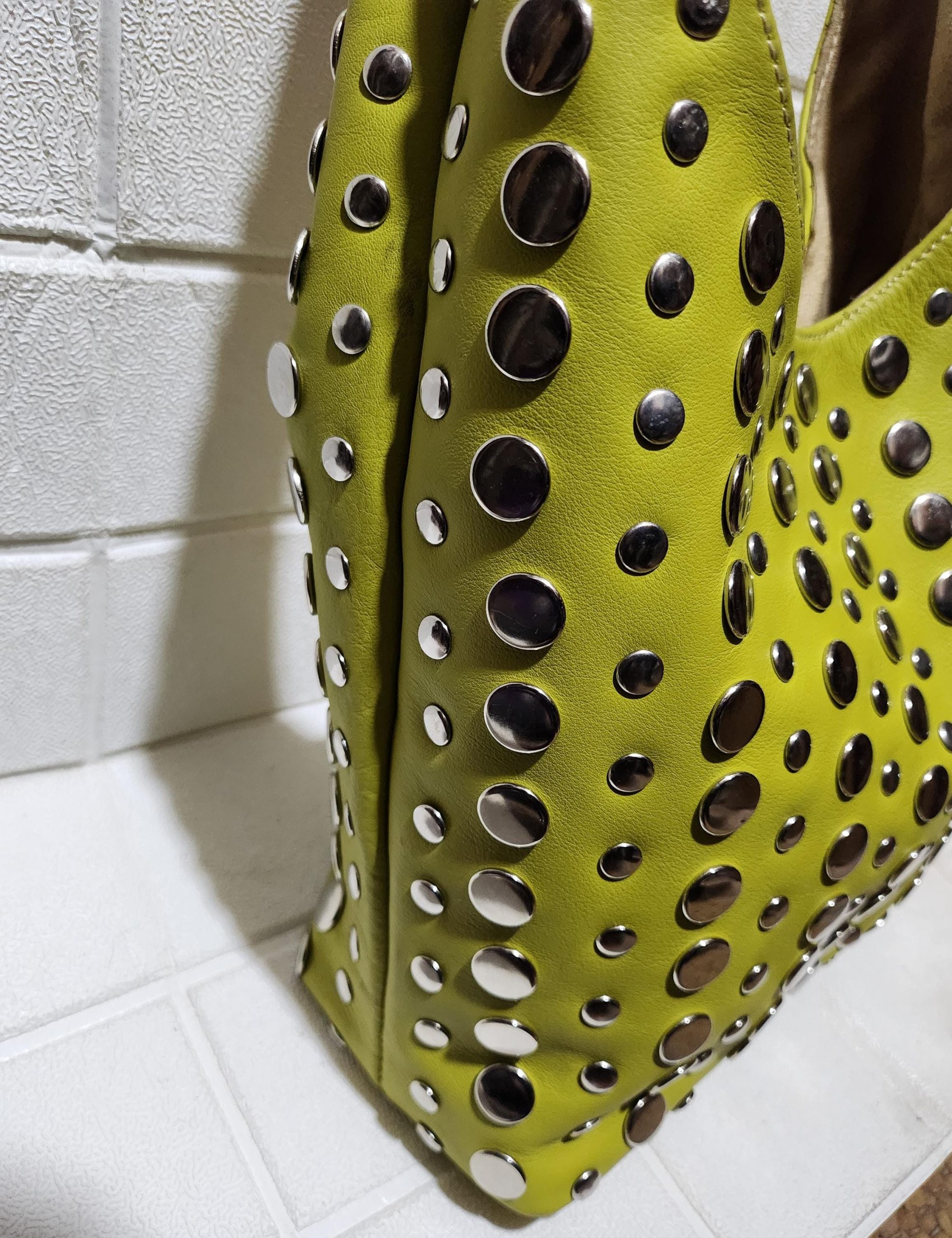 Moroccan Leather Tote – Pistachio Green Studded Shoulder Bag | Handmade Boho Purse | Artisan Shopper | Large & Small Sizes Available