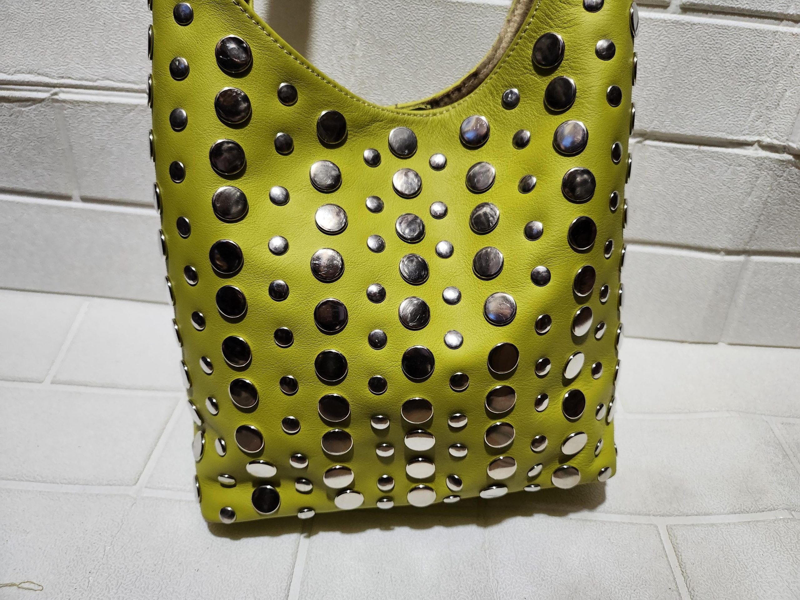 Moroccan Leather Tote – Pistachio Green Studded Shoulder Bag | Handmade Boho Purse | Artisan Shopper | Large & Small Sizes Available