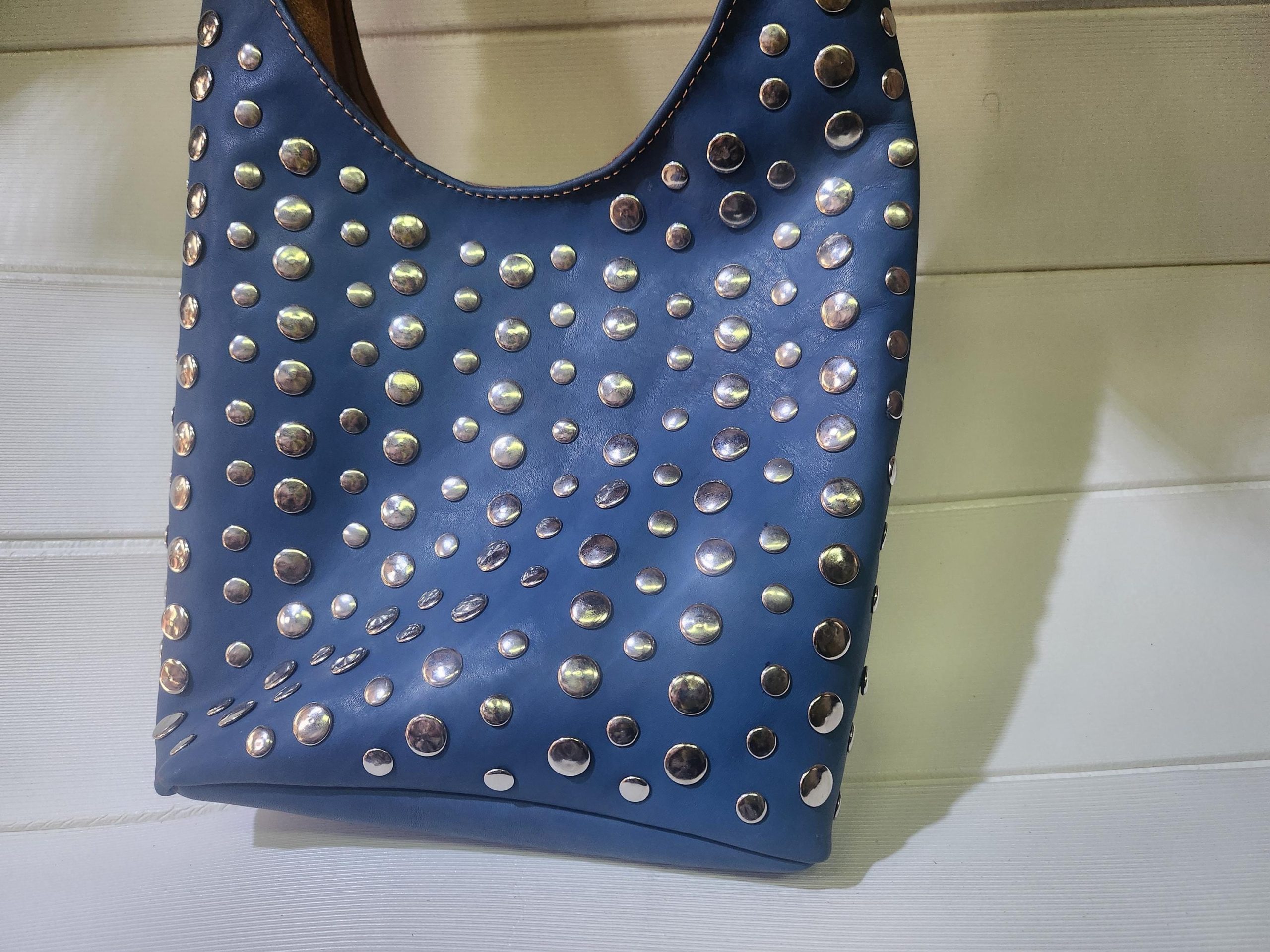 Moroccan Blue Leather Tote Bag – Handmade Studded Shoulder Purse – Boho Chic Bag With Silver Accents – Soft Interior – Large & Small Sizes