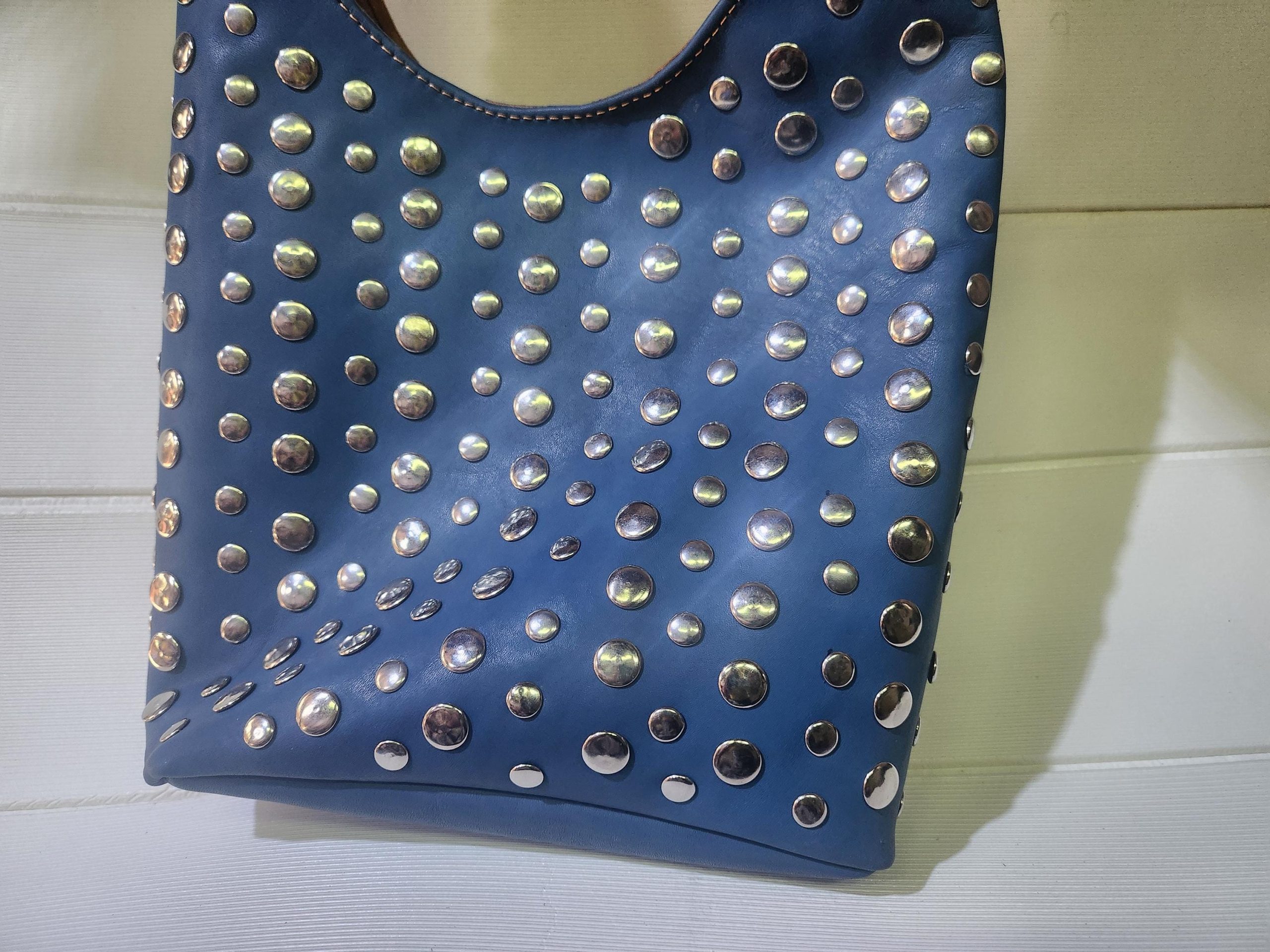Moroccan Blue Leather Tote Bag – Handmade Studded Shoulder Purse – Boho Chic Bag With Silver Accents – Soft Interior – Large & Small Sizes