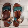 Handmade Moroccan Women’s Sandals – Turquoise Braided Leather Summer Shoes – Genuine Tan Flat Sandals, Real Leather Slides, Gift For Her