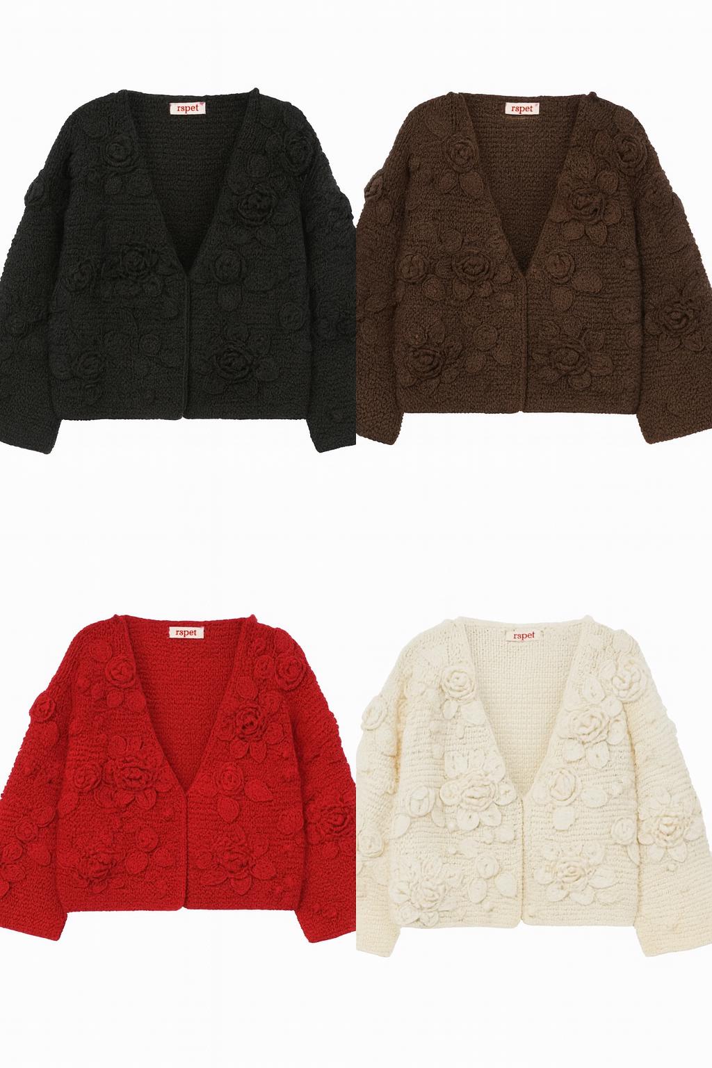 Handknit Cotton Cardigan: White V-neck Jacket With Embroidered Flowers