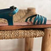 Handmade Moroccan Blue Leather Sandals Women Flat Strappy Summer Shoes